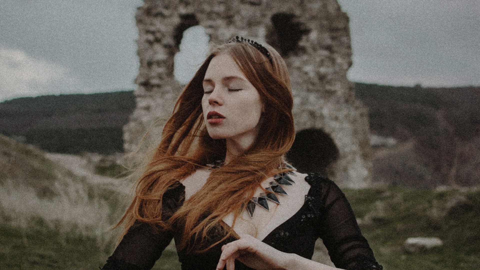 Portrait of Woman in Black Dress with Crows Above